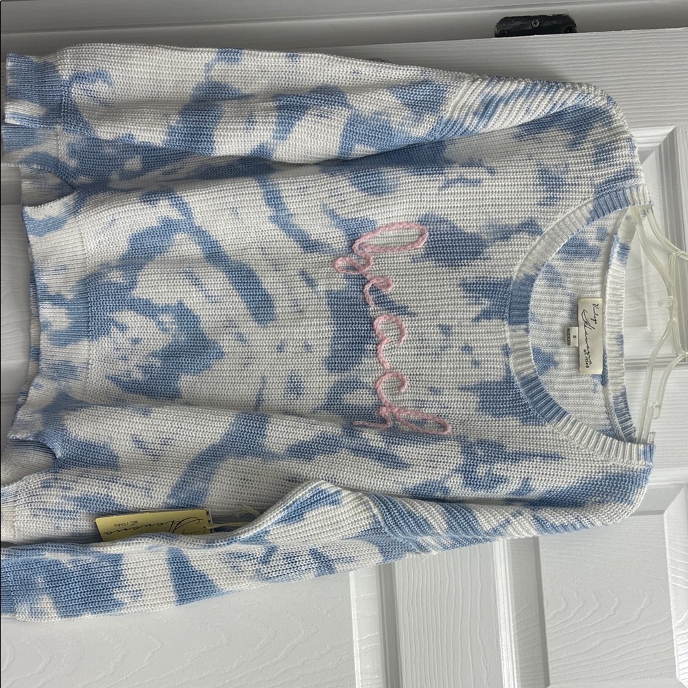 Vintage Havana Blue and White Sweater with Pink Beach Embroidery